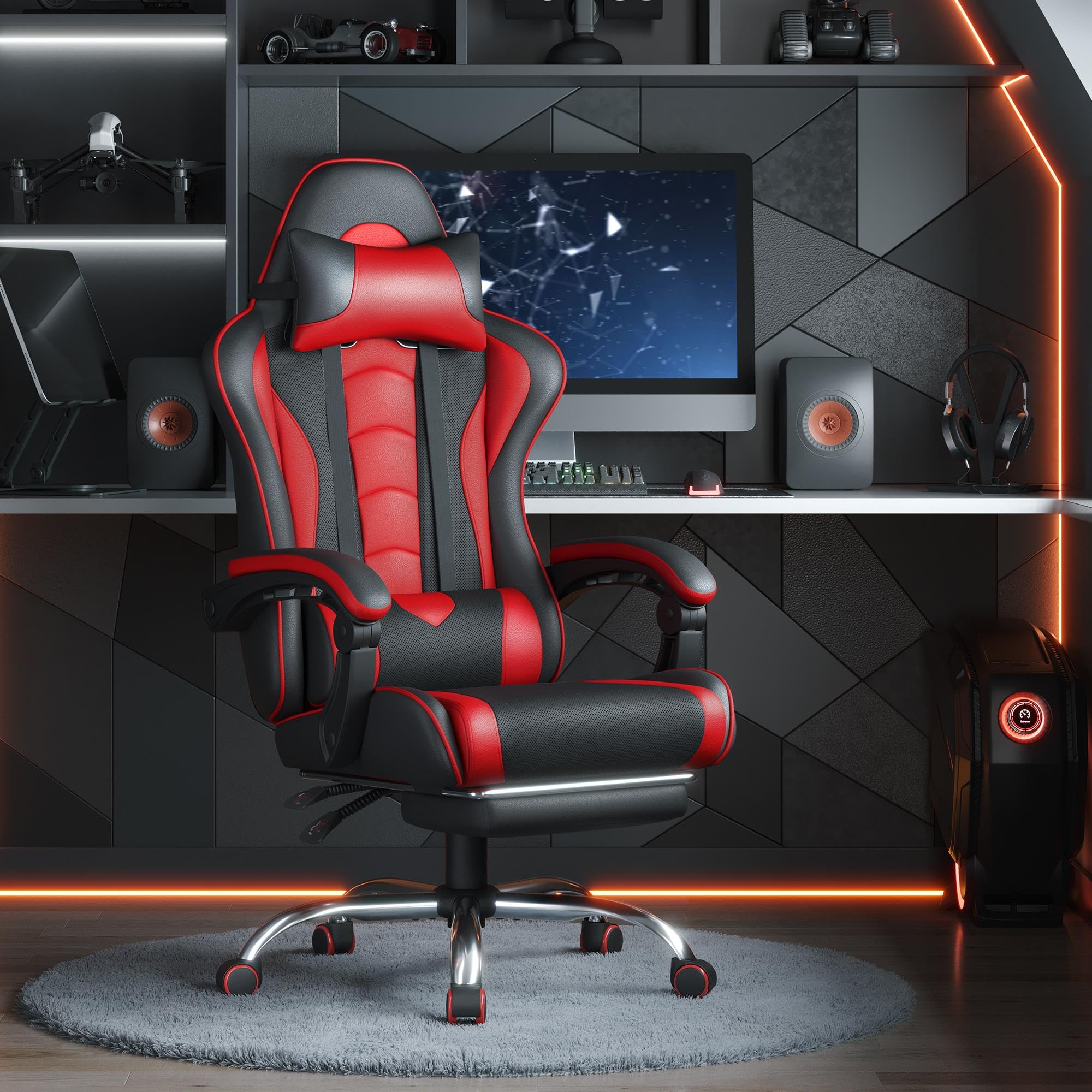 Gaming Chair, Video Game Chair with Massage Lumbar Support and Footrest Height Adjustable Ergonomic Computer Chair with Swivel Seat and Headrest, Black/Red