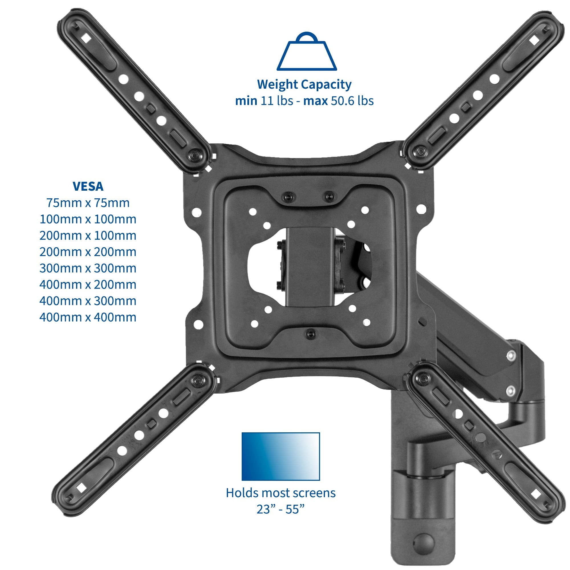 Premium Aluminum Single TV Wall Mount for 23 to 55 inch Screens, Adjustable Arm, Fits up to VESA 400x400, Black, MOUNT-G400B