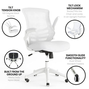 Mid-Back Swivel Office Chair with Adjustable Lumbar Support and Seat Height, Ergonomic Mesh Desk Chair with Flip-Up Armrests, White