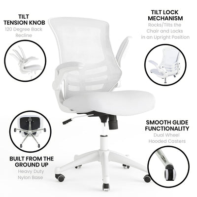 Mid-Back Swivel Office Chair with Adjustable Lumbar Support and Seat Height, Ergonomic Mesh Desk Chair with Flip-Up Armrests, White