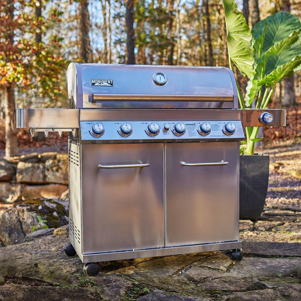6+1 Burner Stainless Steel Cabinet Style Propane Gas Grill with Knob Controls, Side Burner, Built-In Thermometer, and Rotisserie Kit