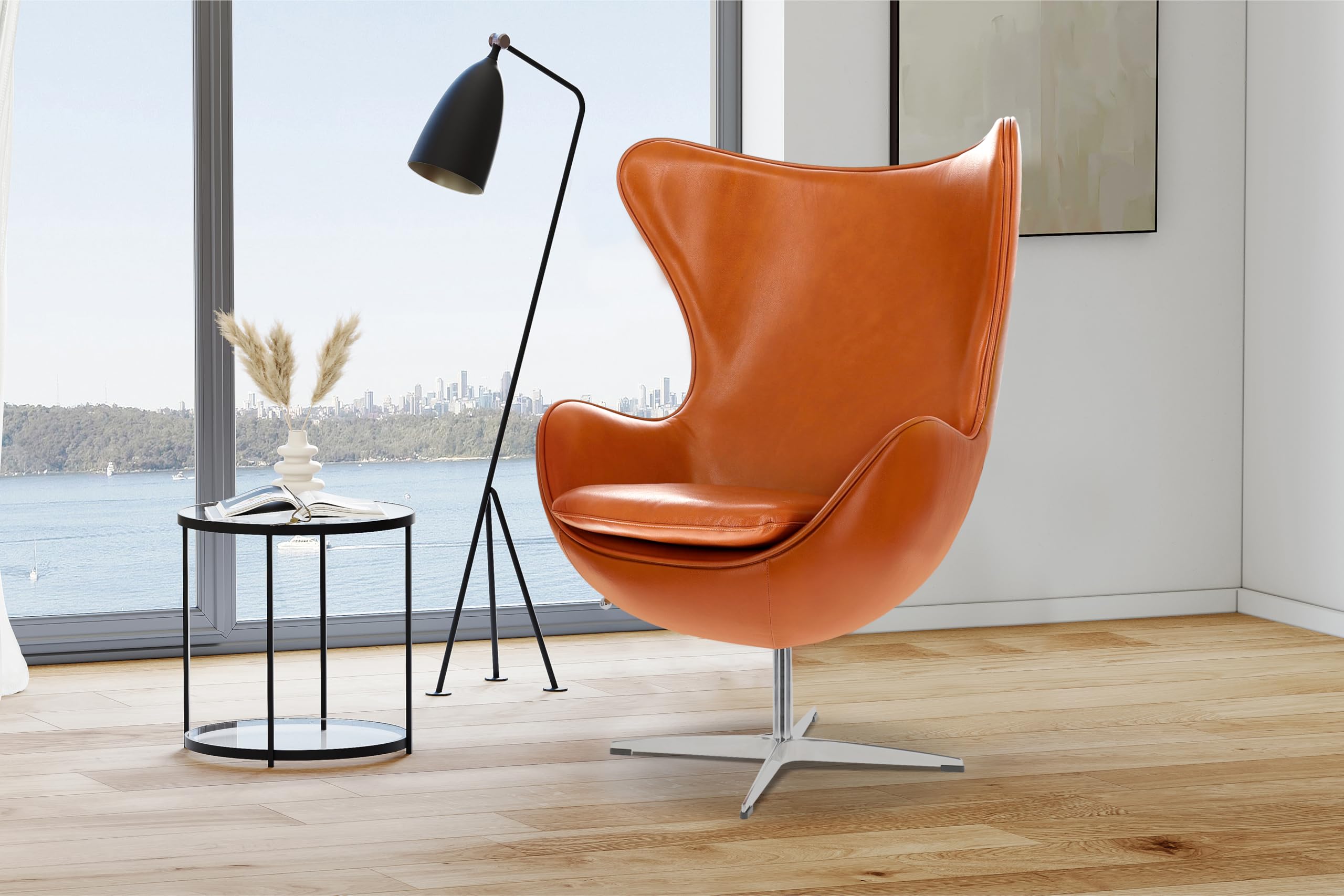 Swivel Armchair 35.4”, Italian Nappa 11000 Top Grain Leather, 360° Swivel, Mid-Century Modern Accent Chair for Living Room, Brown