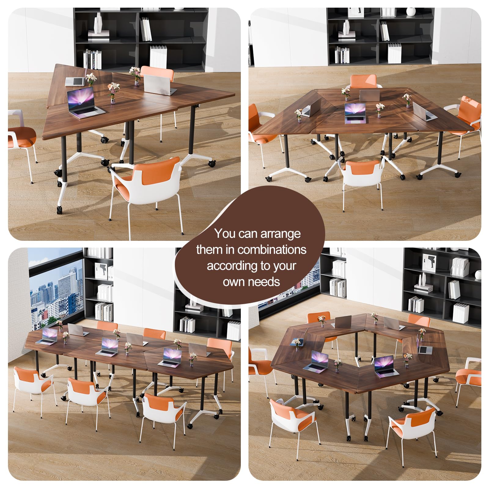 6 Pack Folding Conference Tables with Wheels, 4FT Modern Walnut Modular Conference Room Table Mobile Trapezoid Foldable Training Table for Office Classroom Meeting (6PACK)