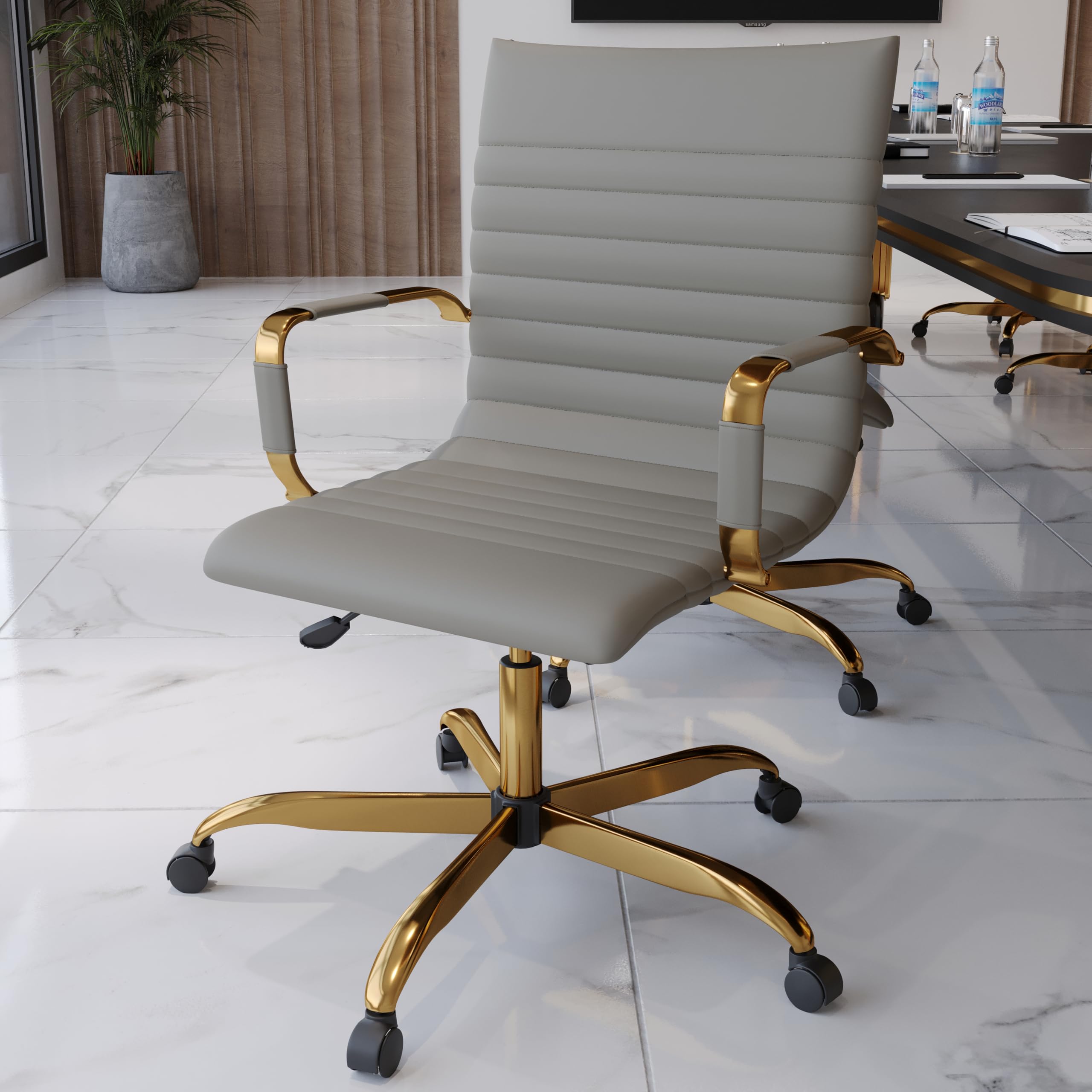 Modern Ergonomic Executive Office Chair, High-Back Leather Conference Desk Chair with Adjustable Height, Tilt Control, 360° Swivel & Gold Frame for Home Office