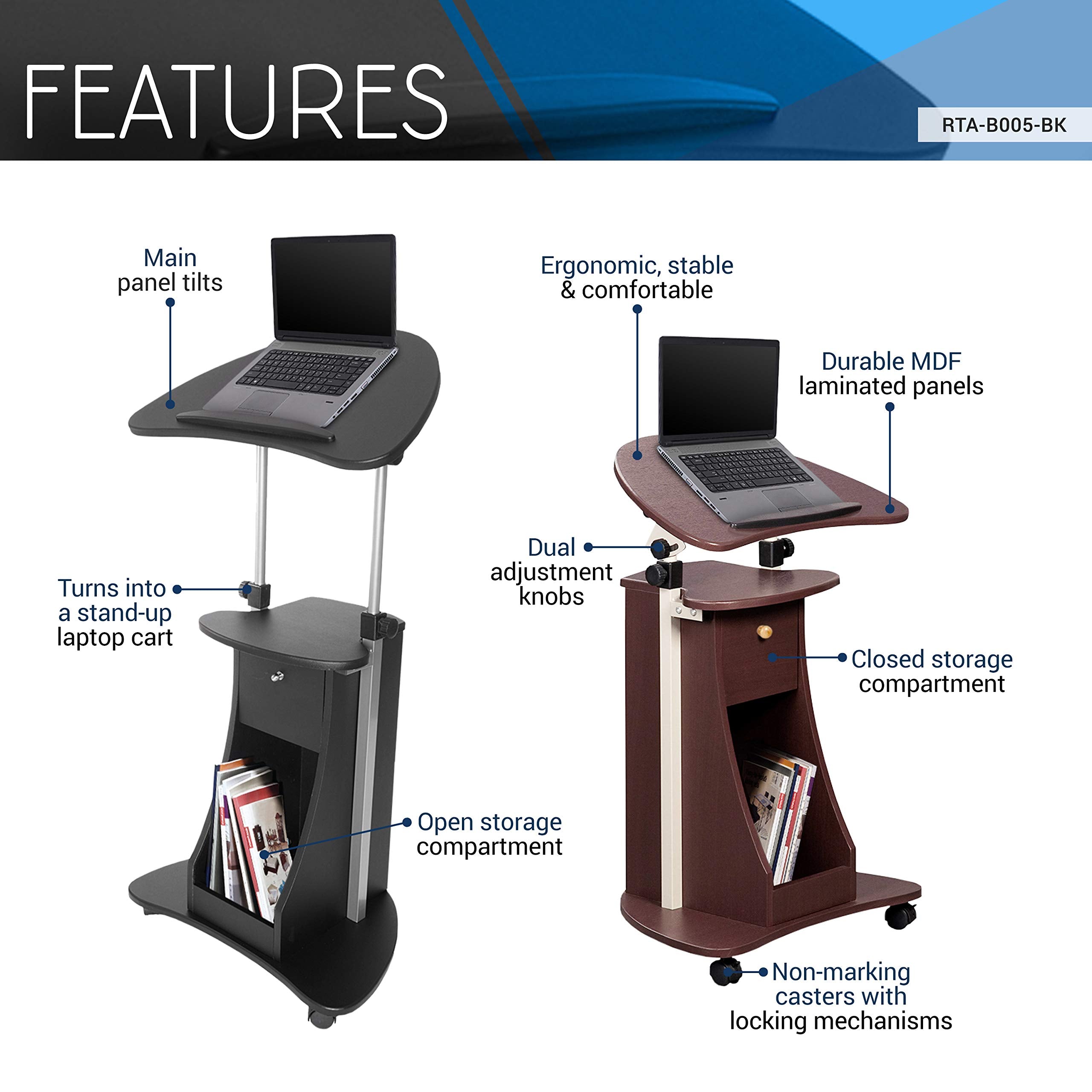 Sit-to-Stand Mobile Medical Laptop Computer Cart, Black, Adjustable Height, B005