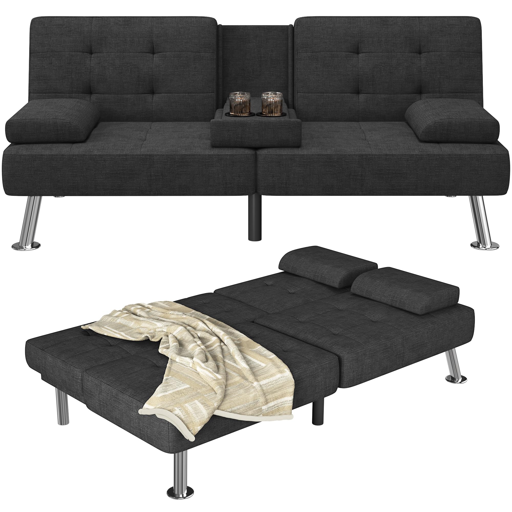 Sofa Bed Adjustable Futon Couch Sleeper Sofa Bed for Living Room, Business Office, Recliner Sofas with Cup Holders (Fabric, Black)