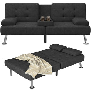 Sofa Bed Adjustable Futon Couch Sleeper Sofa Bed for Living Room, Business Office, Recliner Sofas with Cup Holders (Fabric, Black)