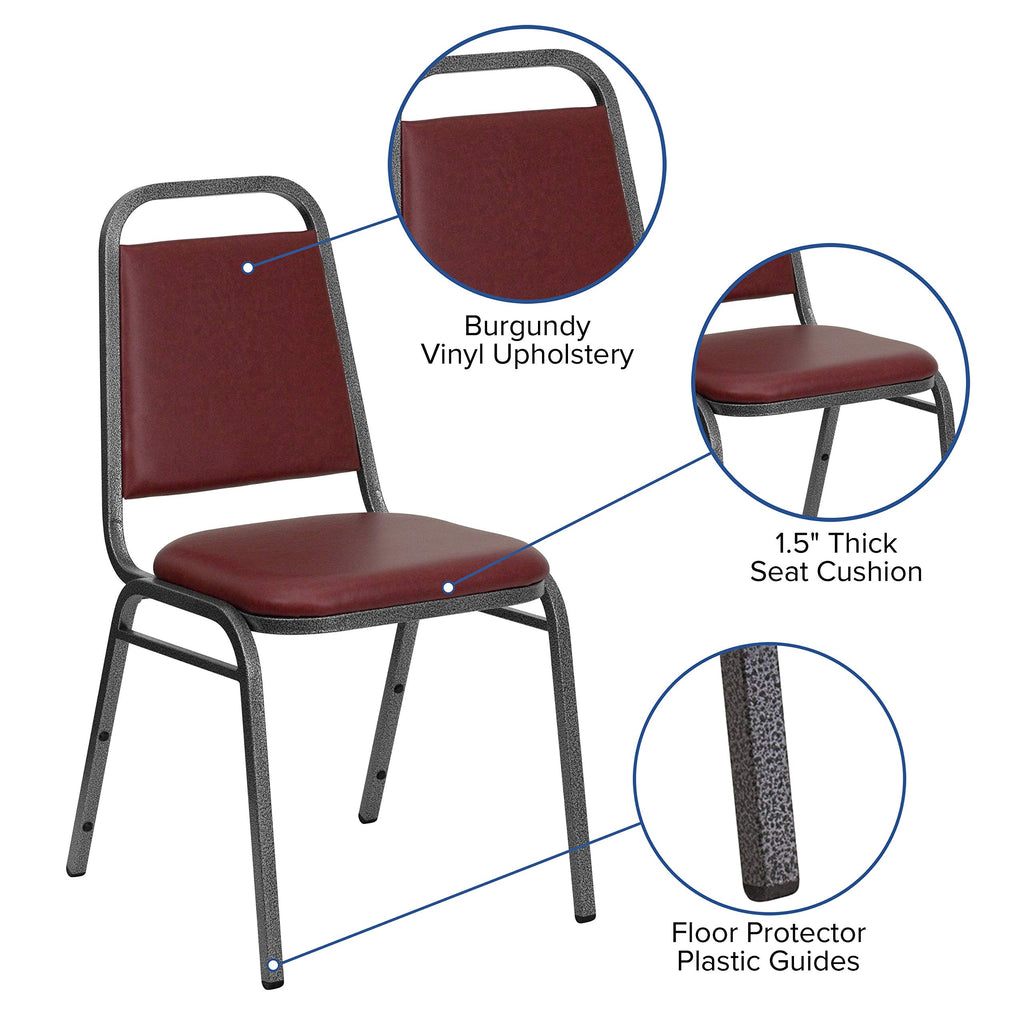 Trapezoidal Back Vinyl Stackable Banquet Chair, Multipurpose Stacking Chair with Padded Seat and Back, Burgundy/Silver
