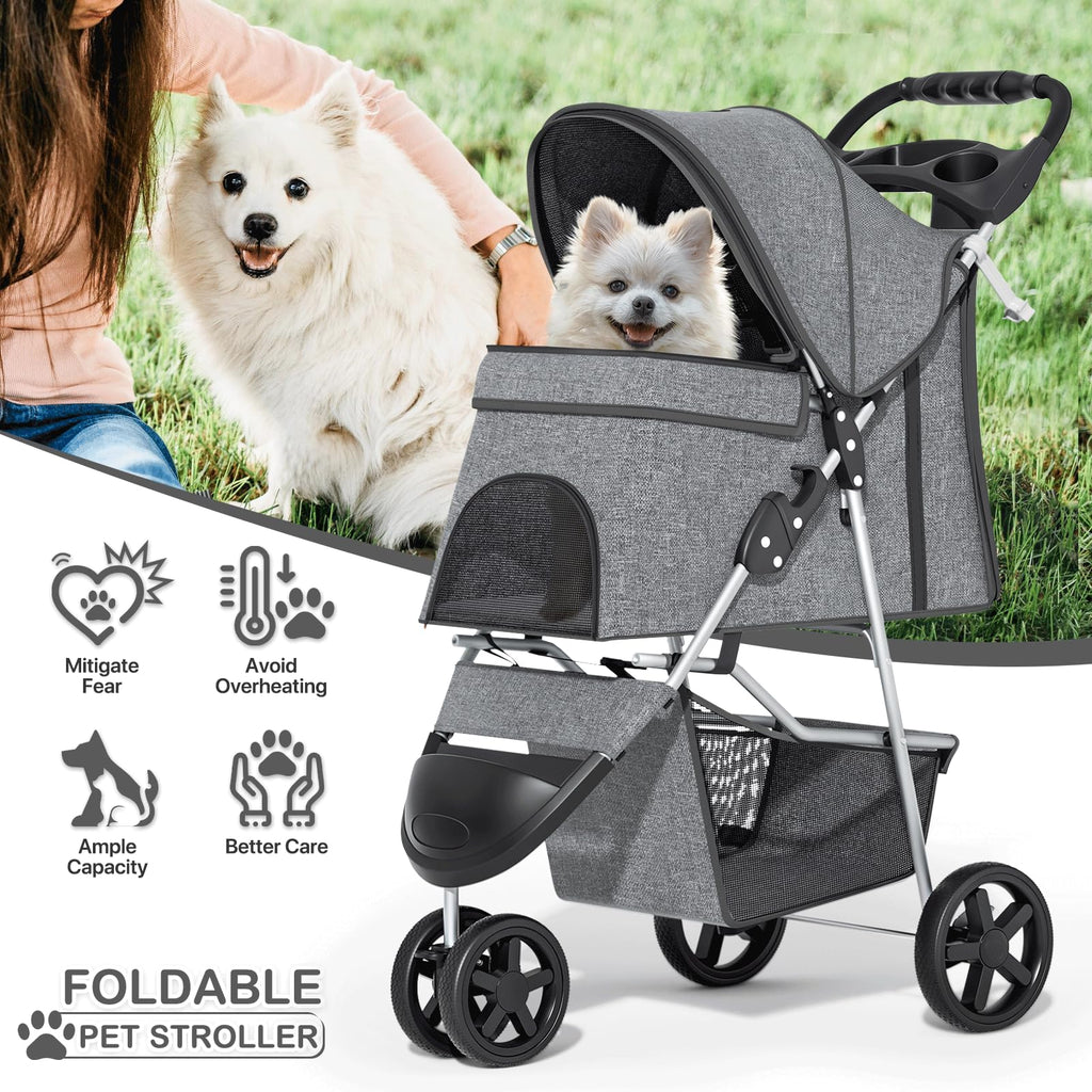 3 Wheels Pet Dog Cat Stroller for Small Medium Dogs and Cats, Lightweight Foldable Jogger Stroller w/Storage Basket and Cup Holder, Gray
