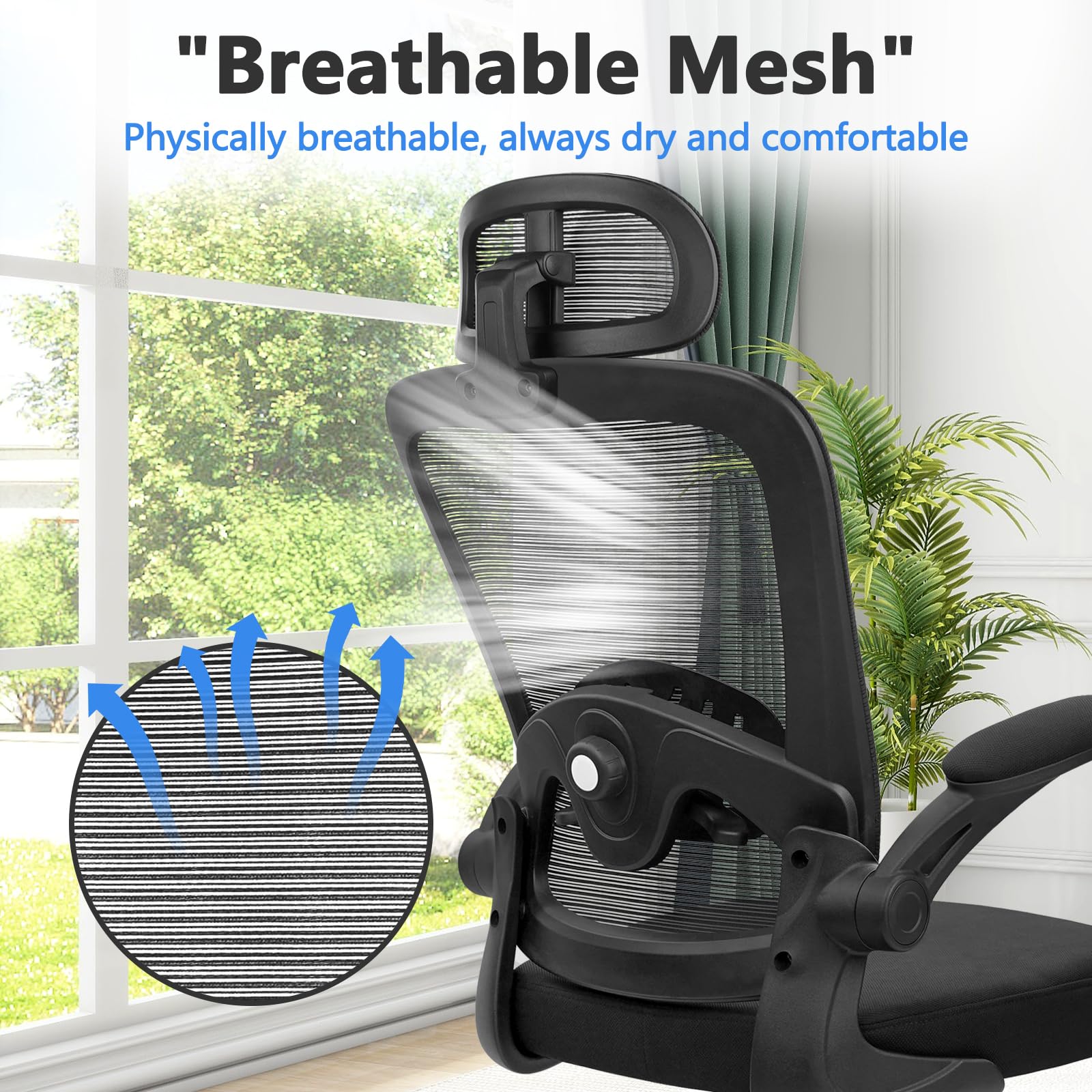 Home Office Desk Chair with Flip Up Armrests, Mesh Back Chair with Adjustable Height Lumbar Support and Headrest, Ergonomic Computer Task Chair for School, Conference, Black(4PK)