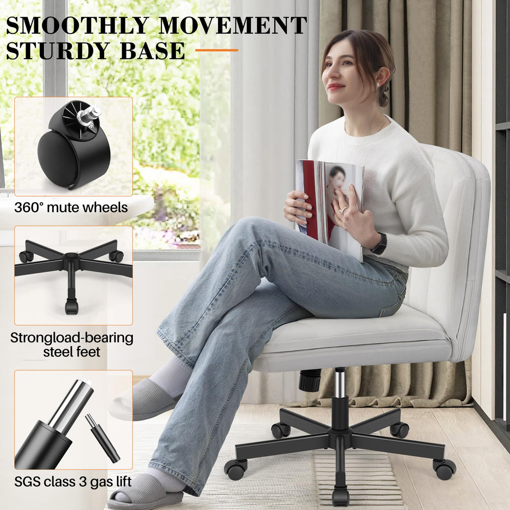Criss Cross Chair with Wheels, Cross Legged Office Chair, Armless Wide Vanity Desk Chair with Comfty Velvet & Back - Swivel Height Ajustable for Home Office Bedroom, Pearl White Velvet