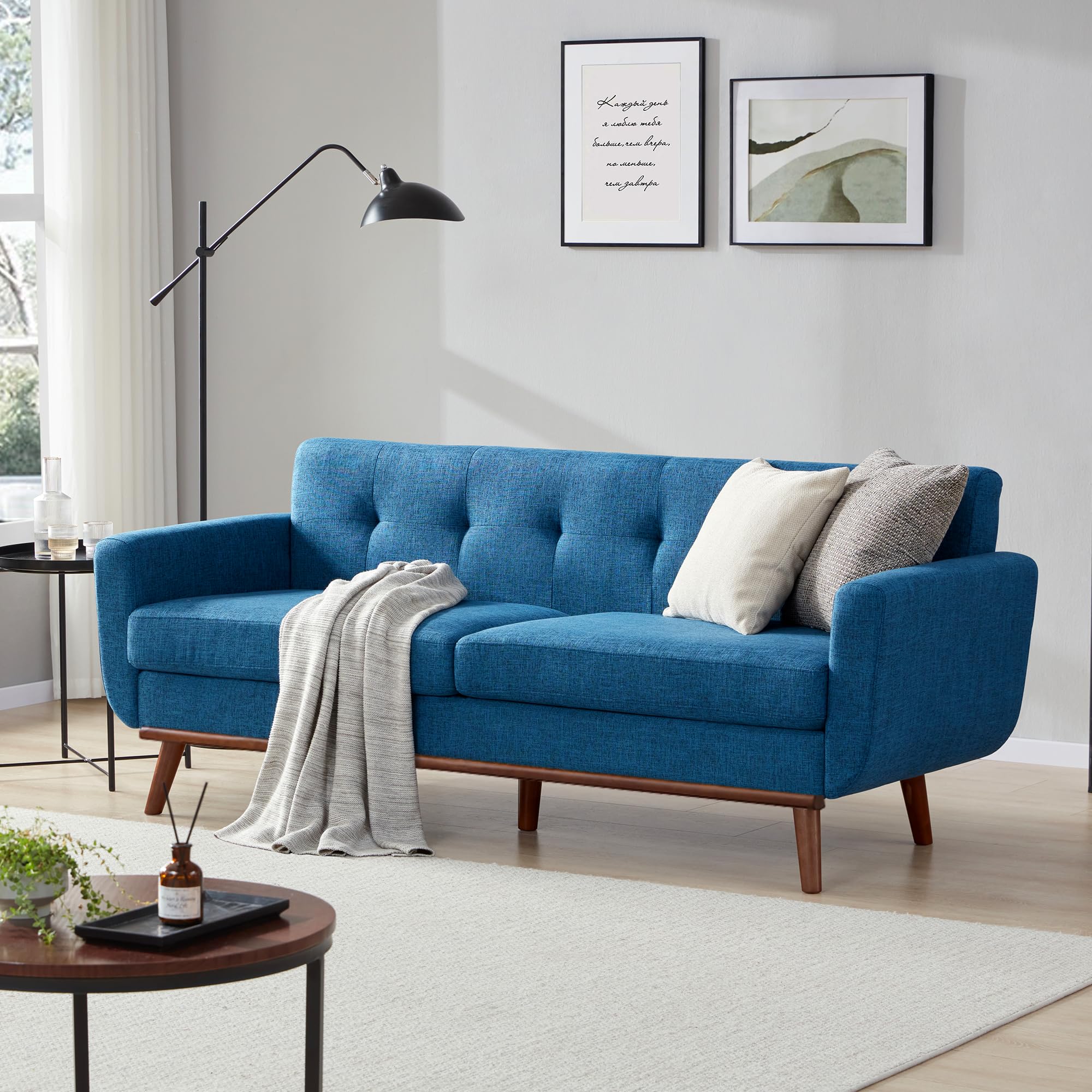 77.2" W Loveseat Sofa, Mid Century Modern Decor Love Seat Couches for Living Room, Button Tufted Upholstered Furniture, Solid & Easy to Install Small Couch for Bedroom Office Apartment, Blue