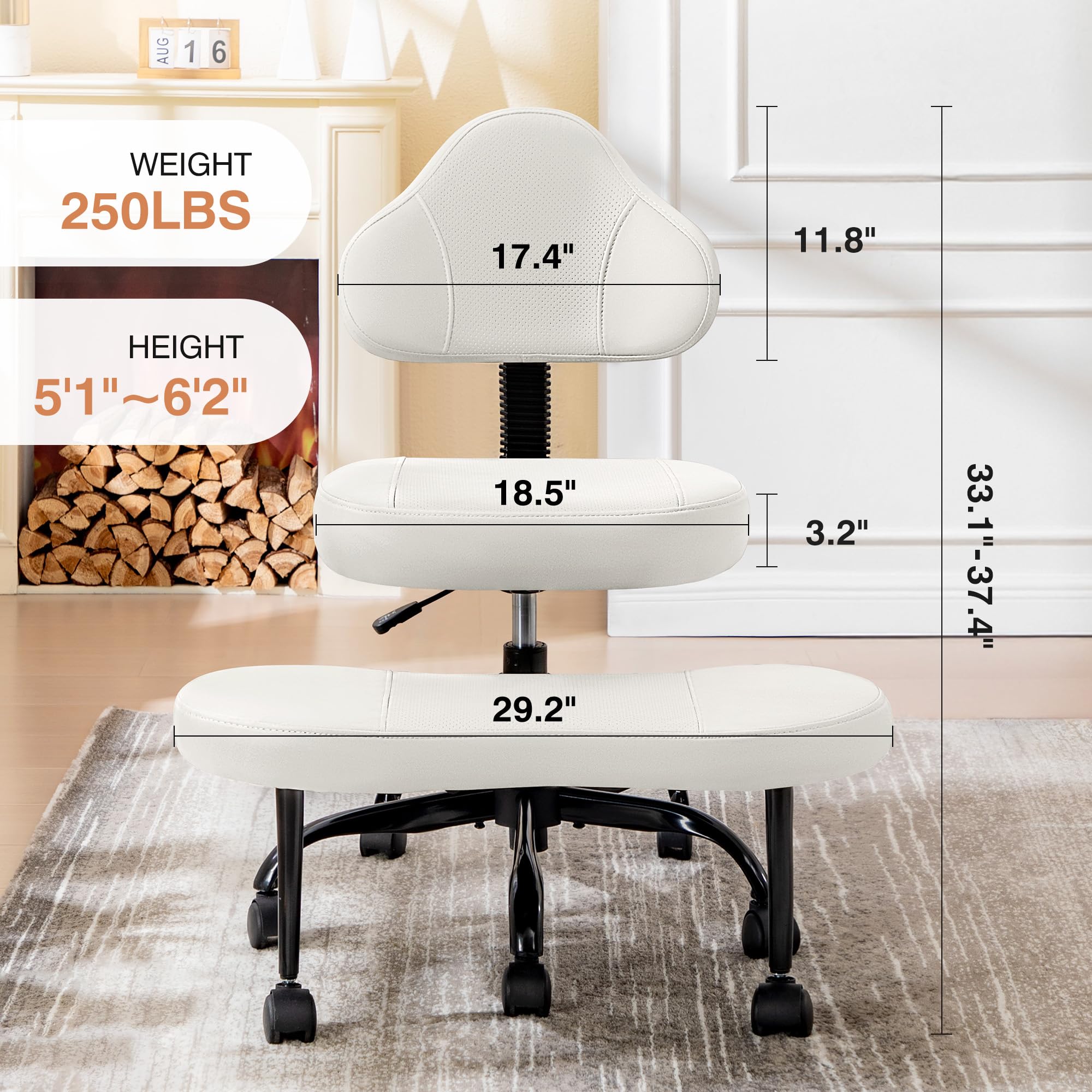 Cross Legged Office Chair, Criss Cross Desk Chair ADHD Meditation Kneeling Yoga Seat with Adjustable Height, Lumbar Support, Wider Footrest and Wheels (White)