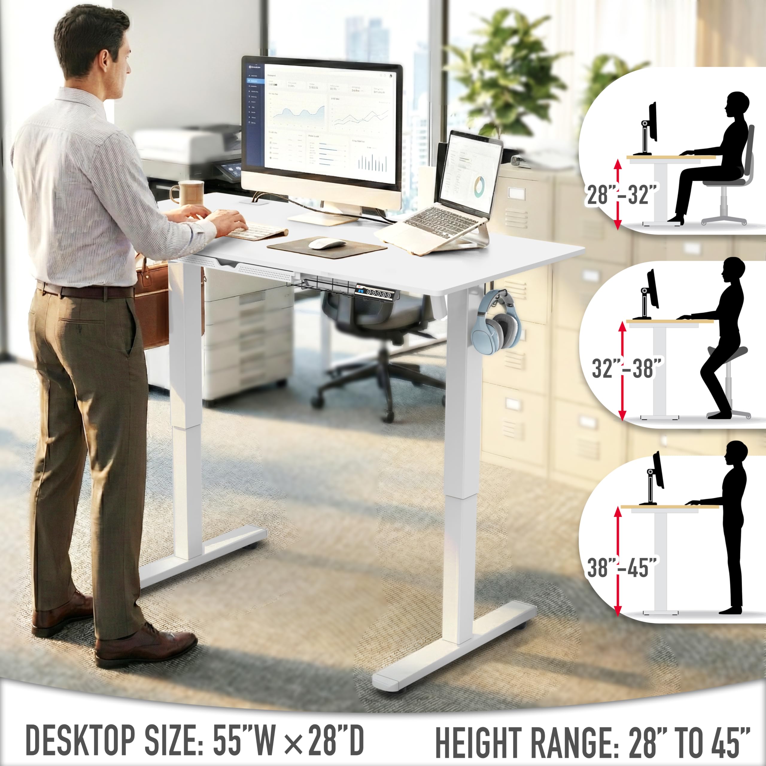 55 x 28 Inches Electric Height Adjustable Standing Desk with Drawer and Memory Preset, White
