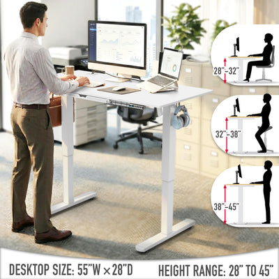 55 x 28 Inches Electric Height Adjustable Standing Desk with Drawer and Memory Preset, White