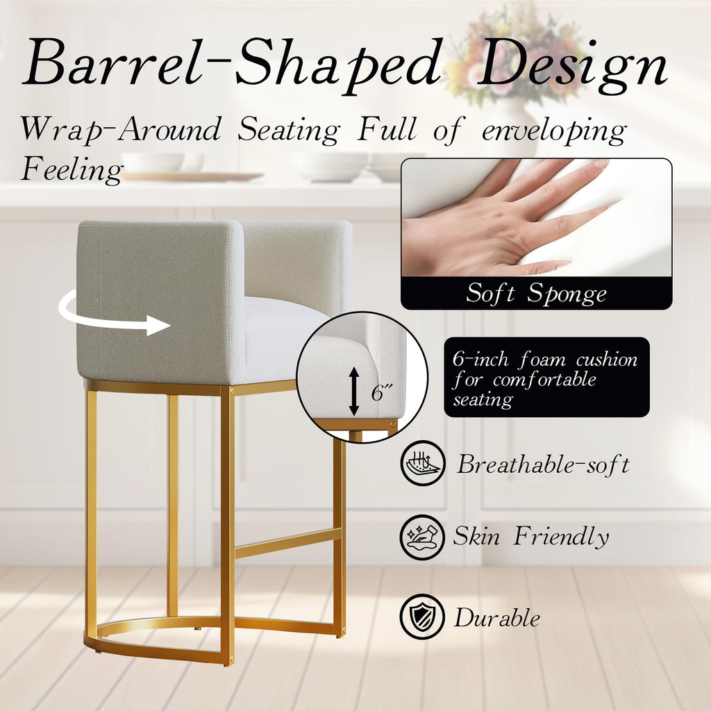 Modern Counter Height Bar Stools,Bar Stools Set of 2,Fabric Upholstered Barrel Barstools with Backs,26'' Kitchen Island Chairs,Metal Gold Frames,Off White Linen