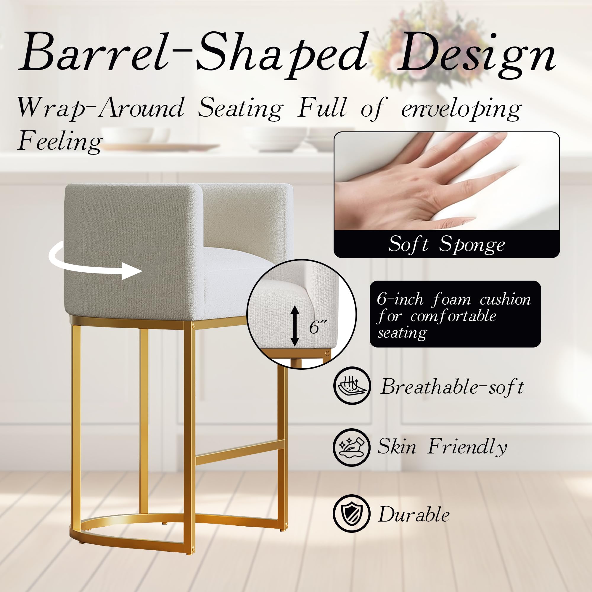 Modern Counter Height Bar Stools,Bar Stools Set of 4,Fabric Upholstered Barrel Barstools with Backs,26'' Kitchen Island Chairs,Metal Gold Frames,Off White Linen
