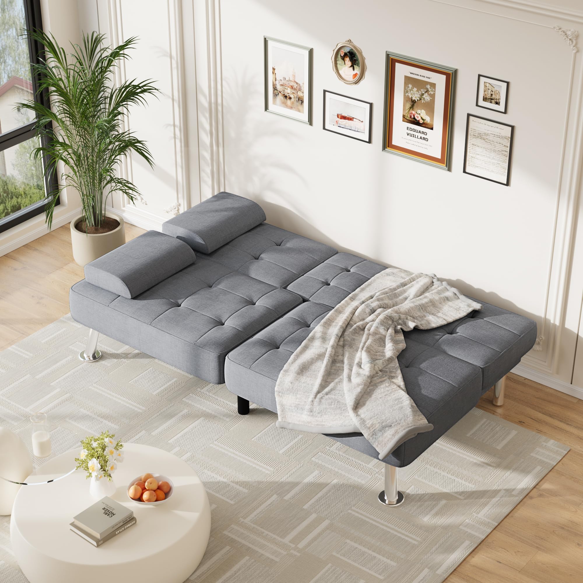 Sofa Bed Adjustable Futon Couch Sleeper Sofa Bed for Living Room, Business Office, Recliner Sofas with Cup Holders (Fabric, Light Gray)