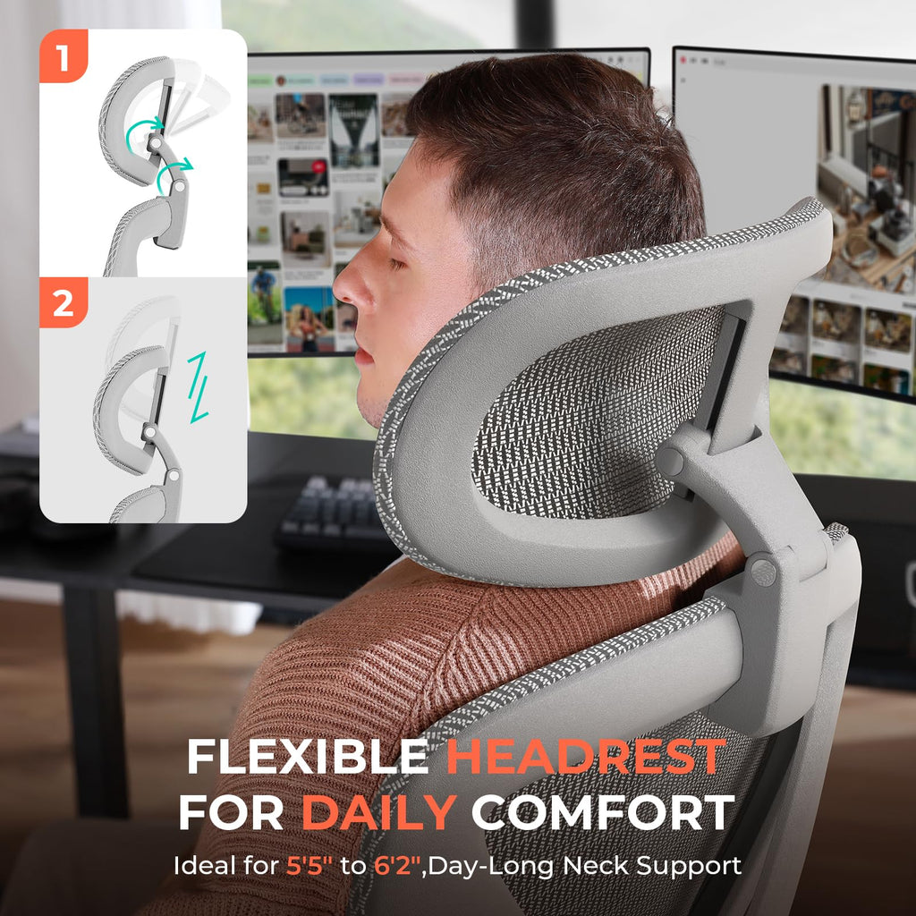Ergonomic Mesh Office Chair, Adjustable Lumbar High Back Desk Chair 400lbs, 4D Flip-up Arms, 3 Tilt Backrest, 3D Headrest, PU Wheels, Swivel Rolling Computer Seating for Long Desk Work - Grey