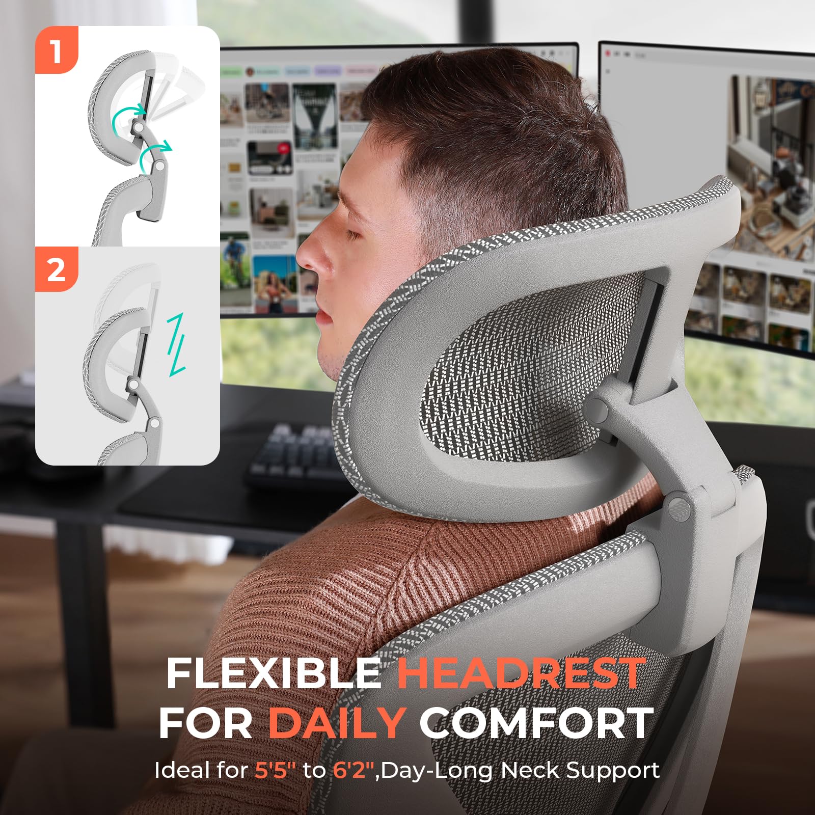 Ergonomic Mesh Office Chair, Adjustable Lumbar High Back Desk Chair 400lbs, 4D Flip-up Arms, 3 Tilt Backrest, 3D Headrest, PU Wheels, Swivel Rolling Computer Seating for Long Desk Work - Grey