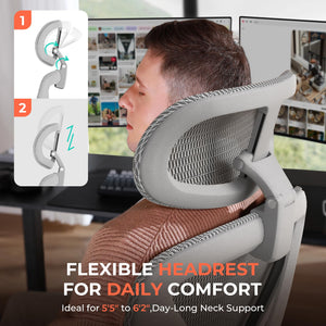 Ergonomic Mesh Office Chair, Adjustable Lumbar High Back Desk Chair 400lbs, 4D Flip-up Arms, 3 Tilt Backrest, 3D Headrest, PU Wheels, Swivel Rolling Computer Seating for Long Desk Work - Grey