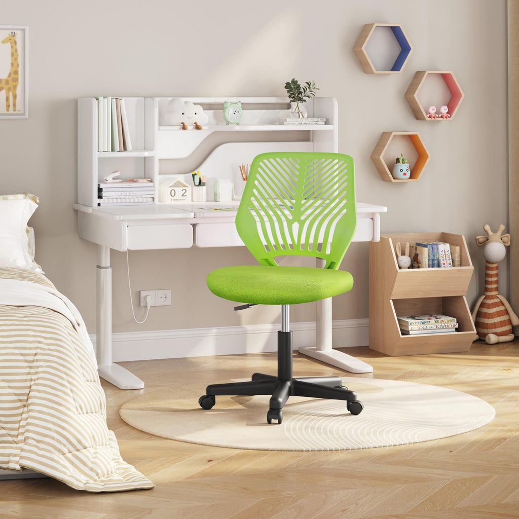 Kids Cute Desk Chair Armless Small Computer Chair with Lumbar Support for Teens Low-Back Bedroom School, Green