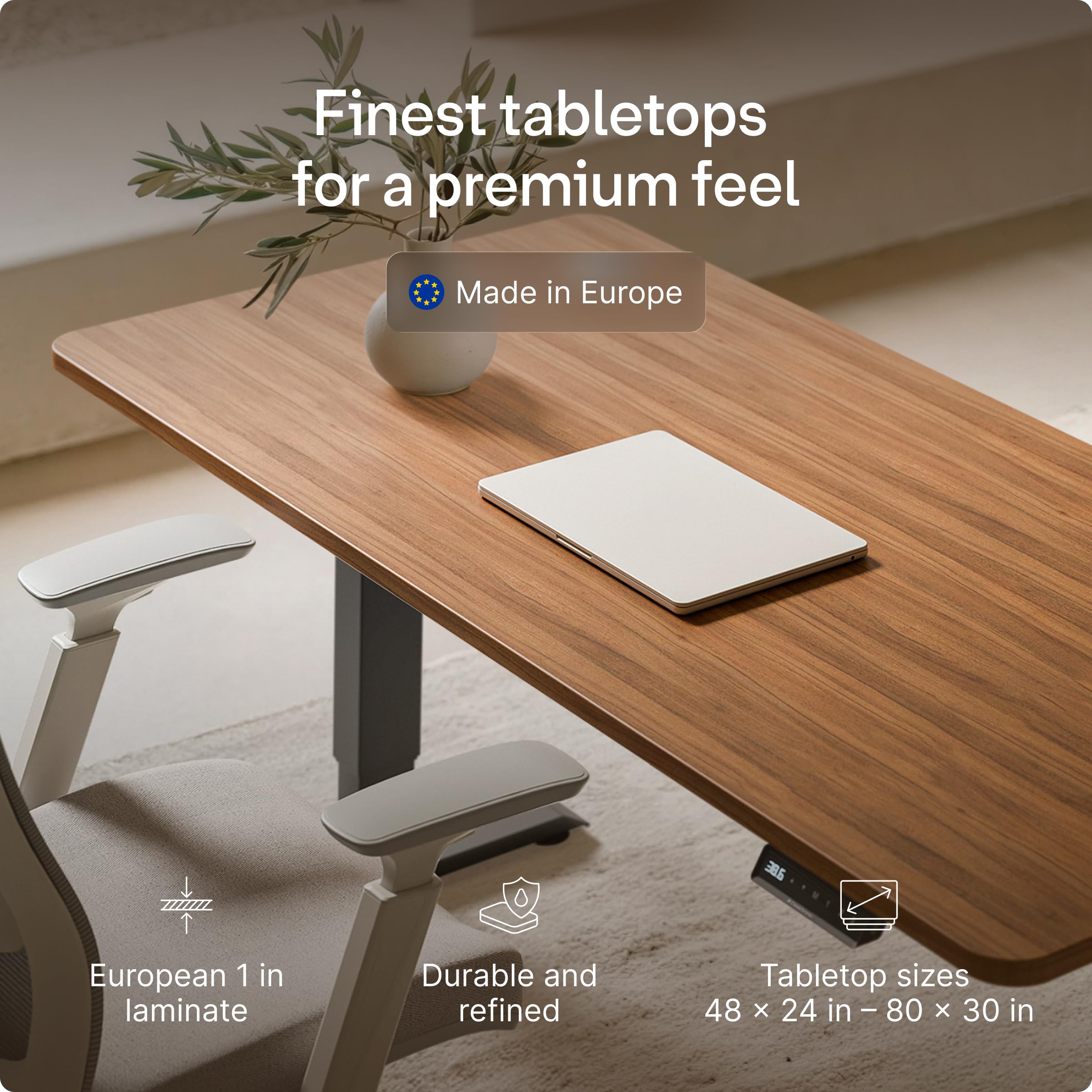 HomePro Standing Desk 70x30 — Made in Europe, Ergonomic Sit Stand Home Office Desk, Electric Height Adjustable, Dual Motor, USB & USB-C Charging, Wobble-Free, Touchscreen, 3 Memory Presets