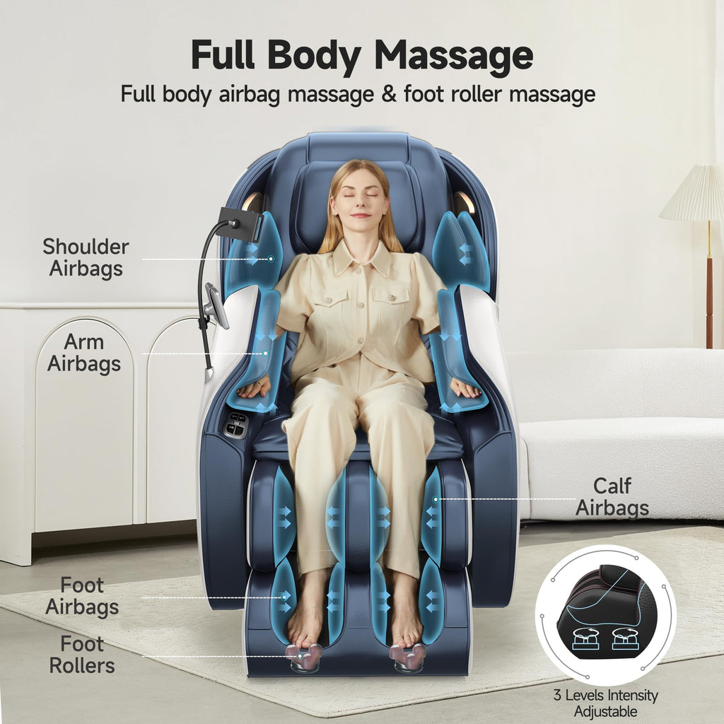 2026 Massage Chair Full Body, Zero Gravity SL-Track Massage Recliner with Added Phone Controller and Holder, Pause Button,Upgraded LCD Screen，APP Control and Child Lock, Favor-06, Blue