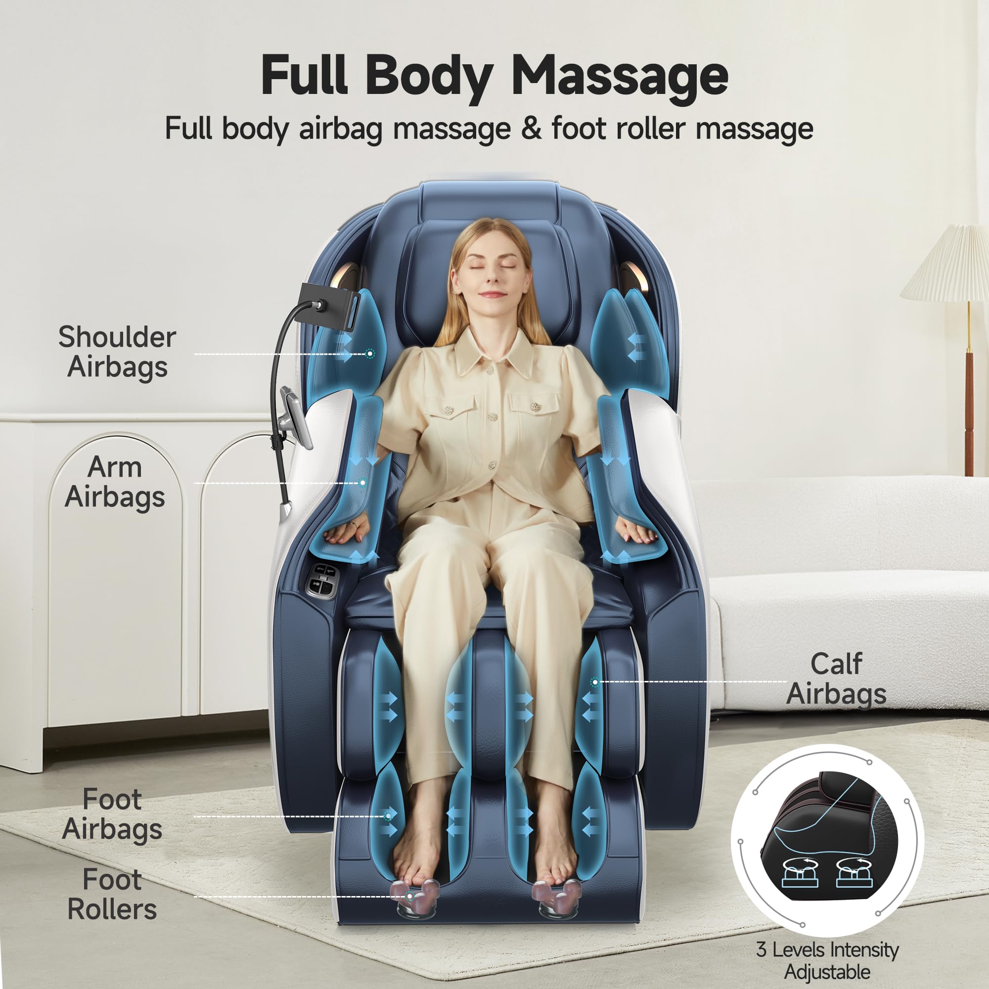 2026 Massage Chair Full Body, Zero Gravity SL-Track Massage Recliner with Added Phone Controller and Holder, Pause Button,Upgraded LCD Screen，APP Control and Child Lock, Favor-06, Blue