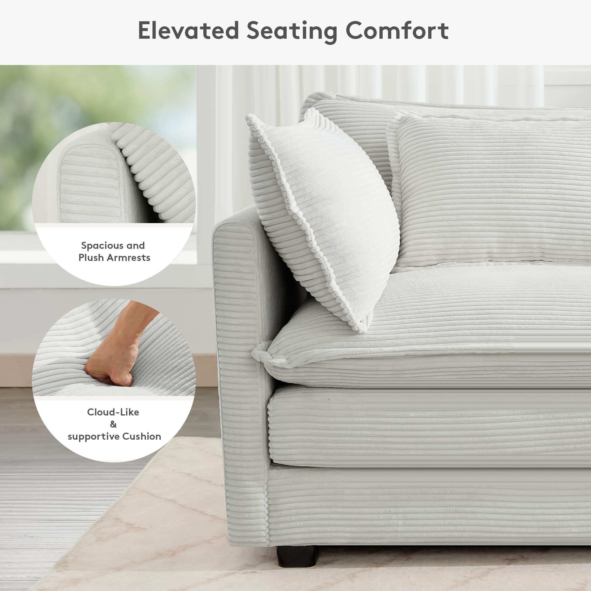113'' Sectional Cloud Couch, 5 Seater Modular Corner L Shape Sofa Big Comfy Corduroy Oversized Couch with 2 Pillows Movable Ottoman, Deep Seat Sectional Couches for Living Room Office Light Grey