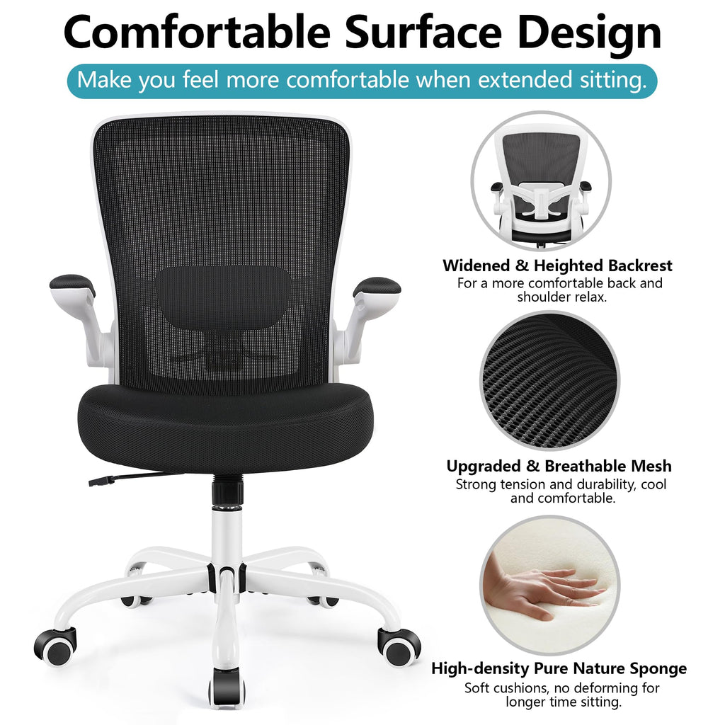 Office Chair, Ergonomic Desk Chair Breathable Mesh Chairs Adjustable High Back Lumbar Support Flip-up Armrests, Executive Rolling Swivel Comfy Computer Chairs Home Office White