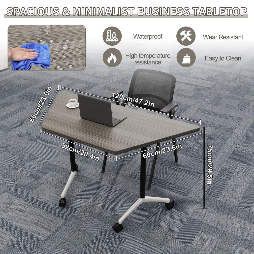 6 Pack Folding Conference Tables with Wheels, 4FT Modern Modular Conference Room Table Mobile Trapezoid Foldable Training Table for Office Classroom Meeting (6PACK,Oak Grey)