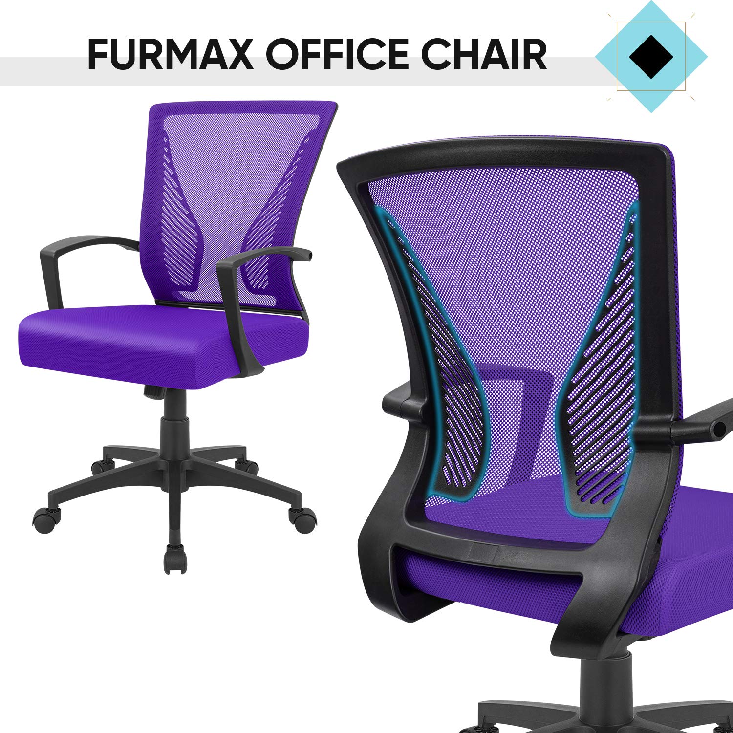 Office Chair Ergonomic Computer Desk Mesh Chair Mid Back Swivel Lumbar Support with Armrest (1, Violet)