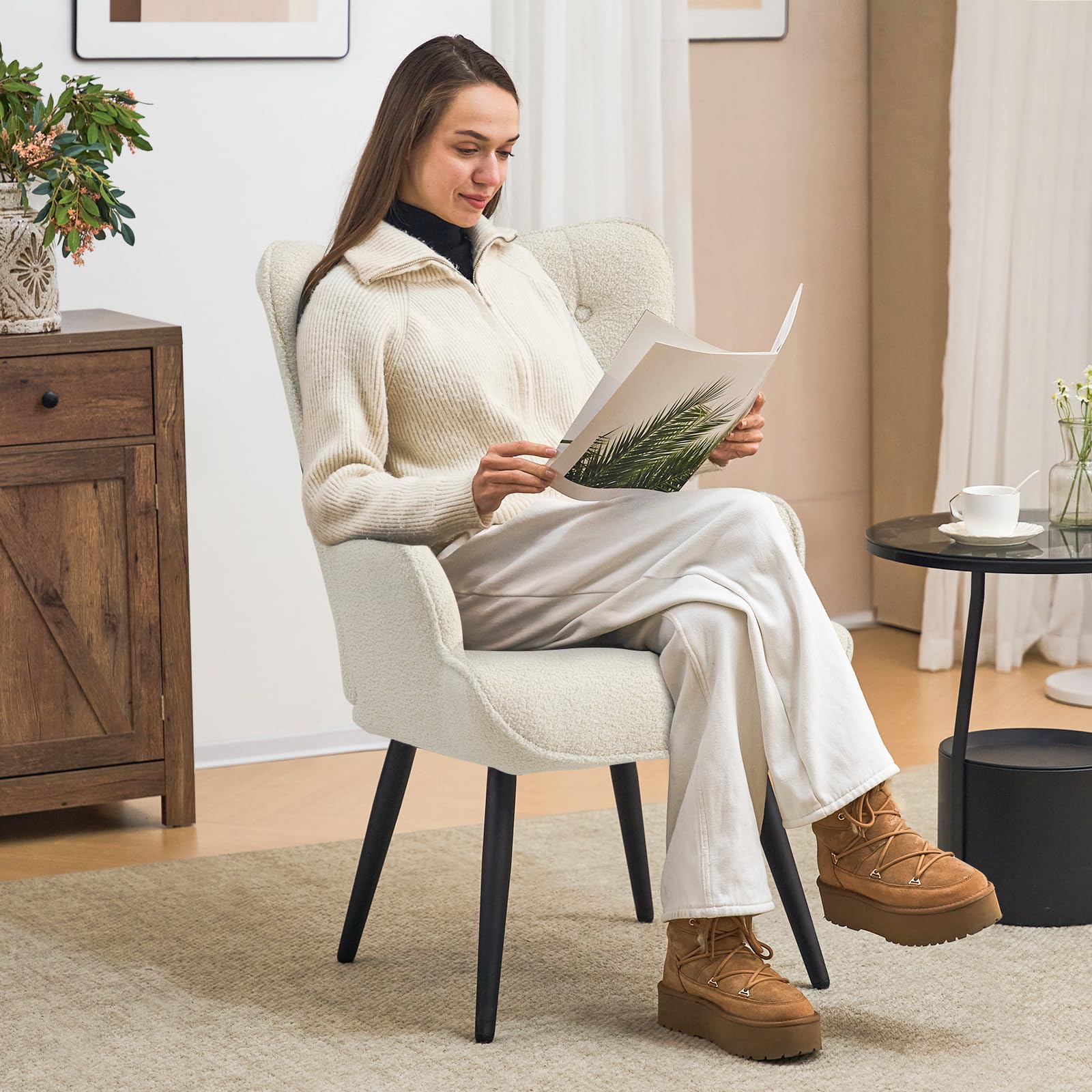 Boucle Accent Chair for Living Room, Upholstered Reading Chair with High Backrest, Tufted-Button Wingback Armchair for Bedroom, Dressing Room, Home Office, Ivory White