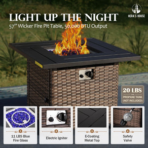 Wicker Patio Furniture Set with Fire Pit, 8 Pieces Outdoor Sectional Conversation Sets, Deep Seating Sofa for Lawn Deck Garden, Blue