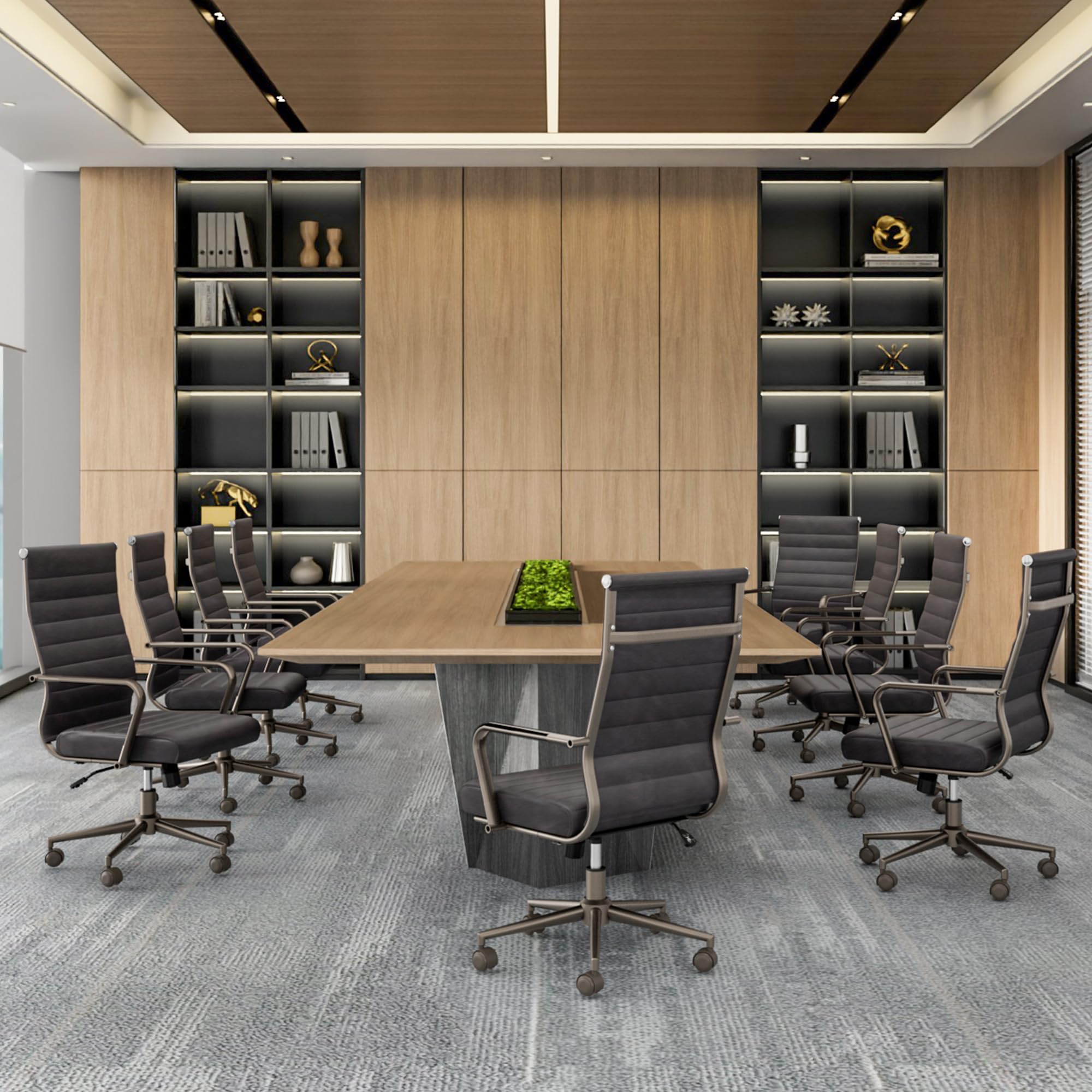 Leather Office Desk Chair, Ergonomic Mid Century Modern Conference Room Chairs, Executive Ribbed Height Adjustable Swivel Rolling Chair for Home Office.