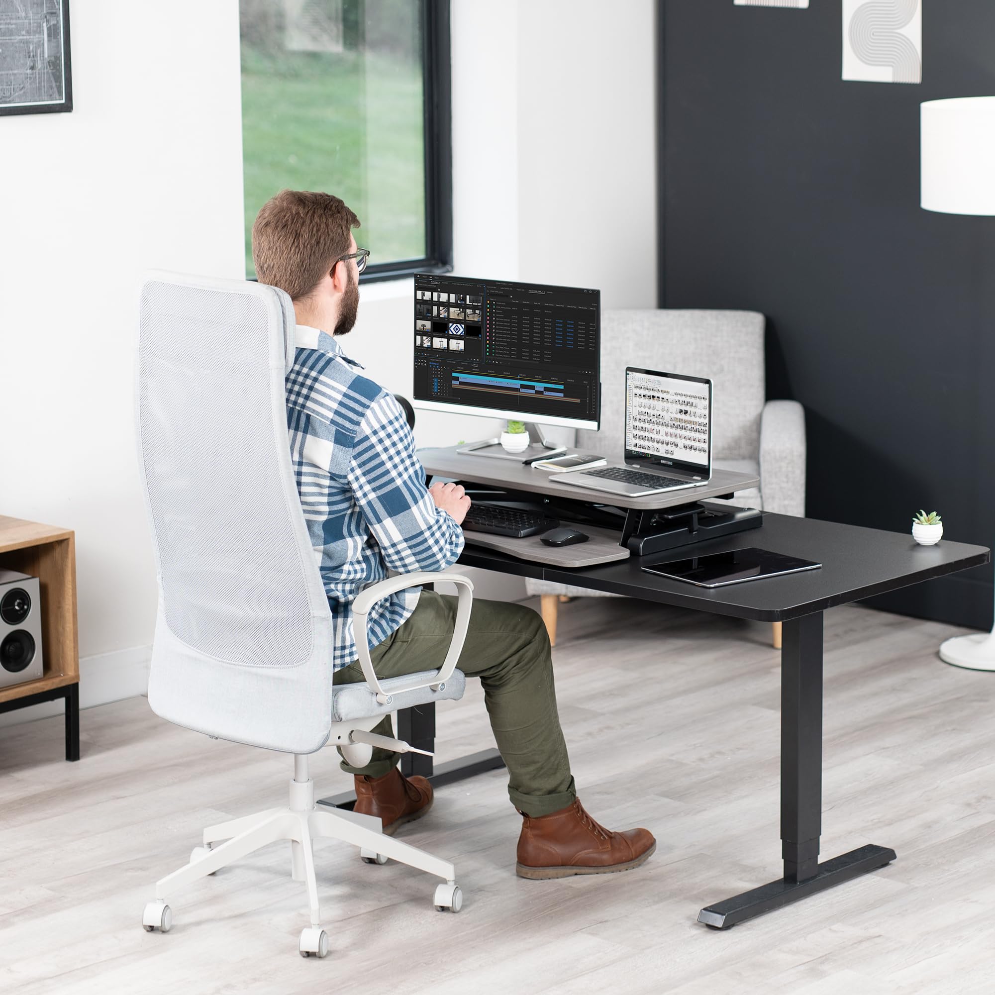 32 inch Desk Converter, K Series, Height Adjustable Sit to Stand Riser, Dual Monitor and Laptop Workstation with Wide Keyboard Tray, Gray Top, Black Frame, DESK-V000KG