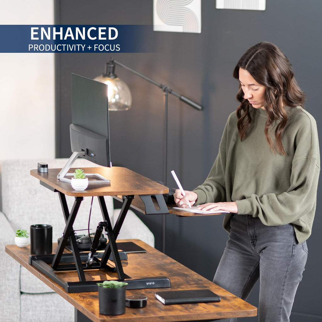 26 inch Desk Converter, K Series, Height Adjustable Sit to Stand Riser, Dual Monitor and Laptop Workstation with Keyboard Tray, Rustic Vintage Brown Top, Black Frame, DESK-V026KN
