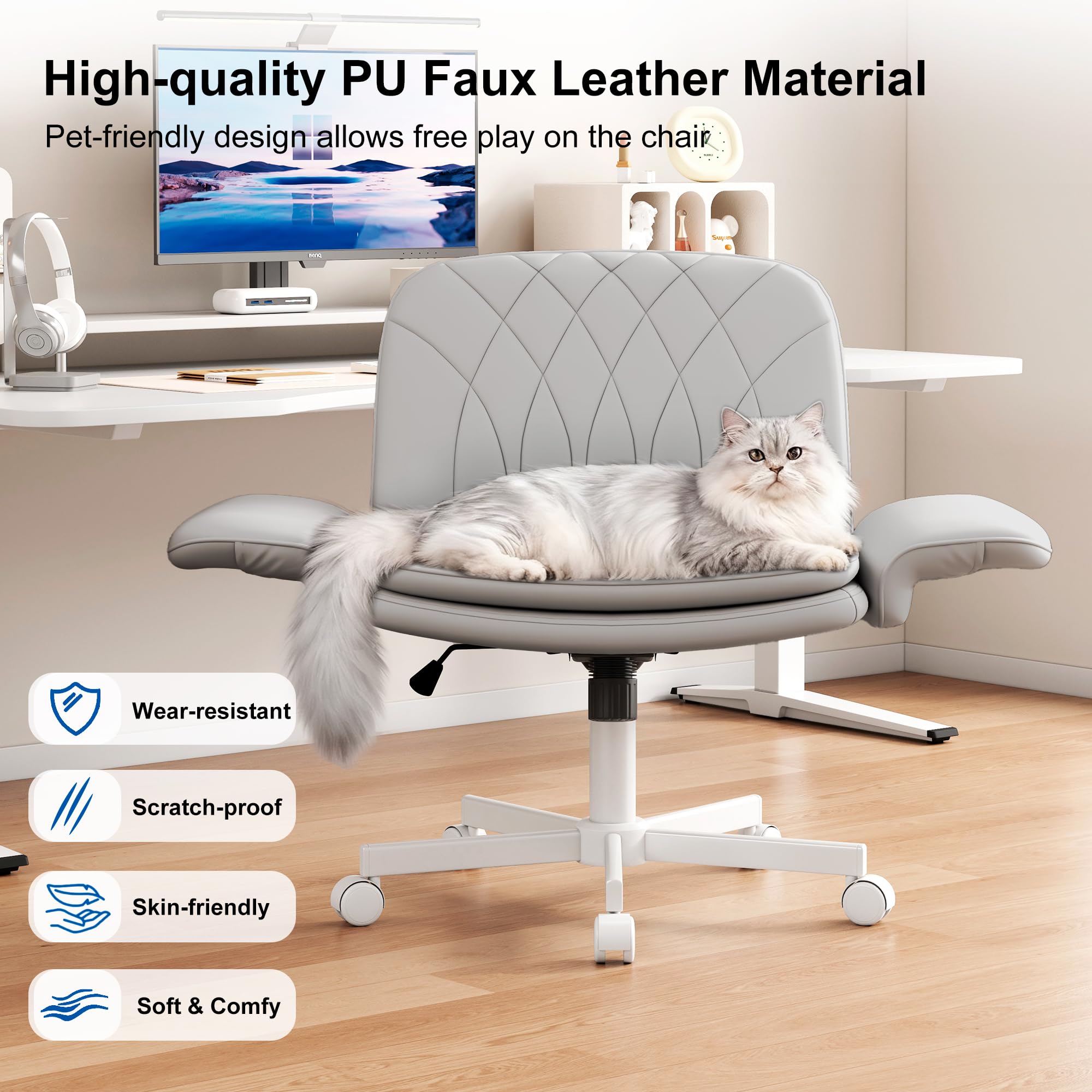 Criss Cross Chair with Armrests & Wheels for Cross-Legged Sitting, Comfortable PU Leather Vanity Chair, Office Desk Chairs with Adjustable Rocking Function, for Home, Bedroom Gray