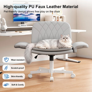Criss Cross Chair with Armrests & Wheels for Cross-Legged Sitting, Comfortable PU Leather Vanity Chair, Office Desk Chairs with Adjustable Rocking Function, for Home, Bedroom Gray