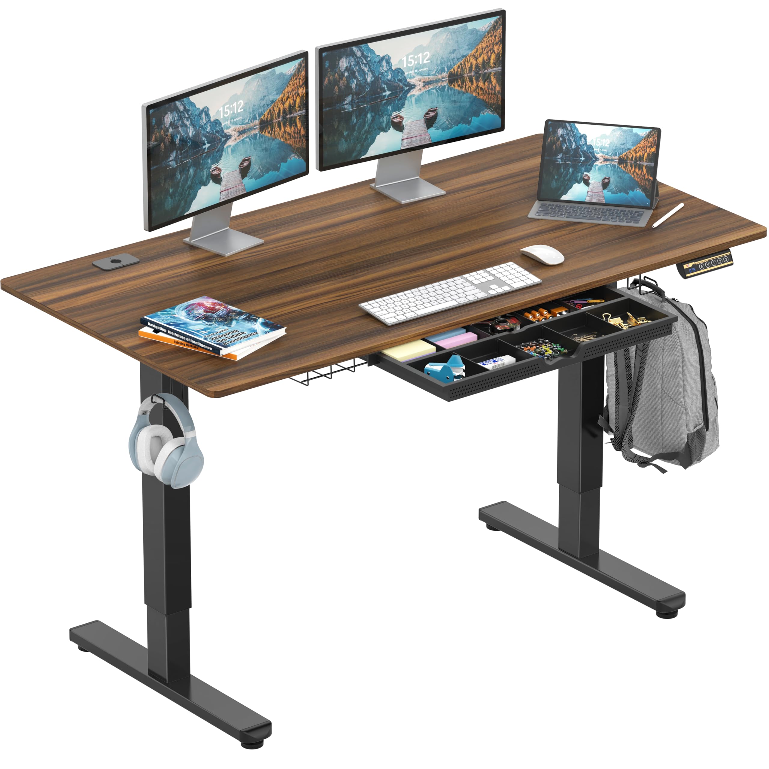 55 x 28 Inches Electric Height Adjustable Standing Desk with Drawer and Memory Preset, Walnut