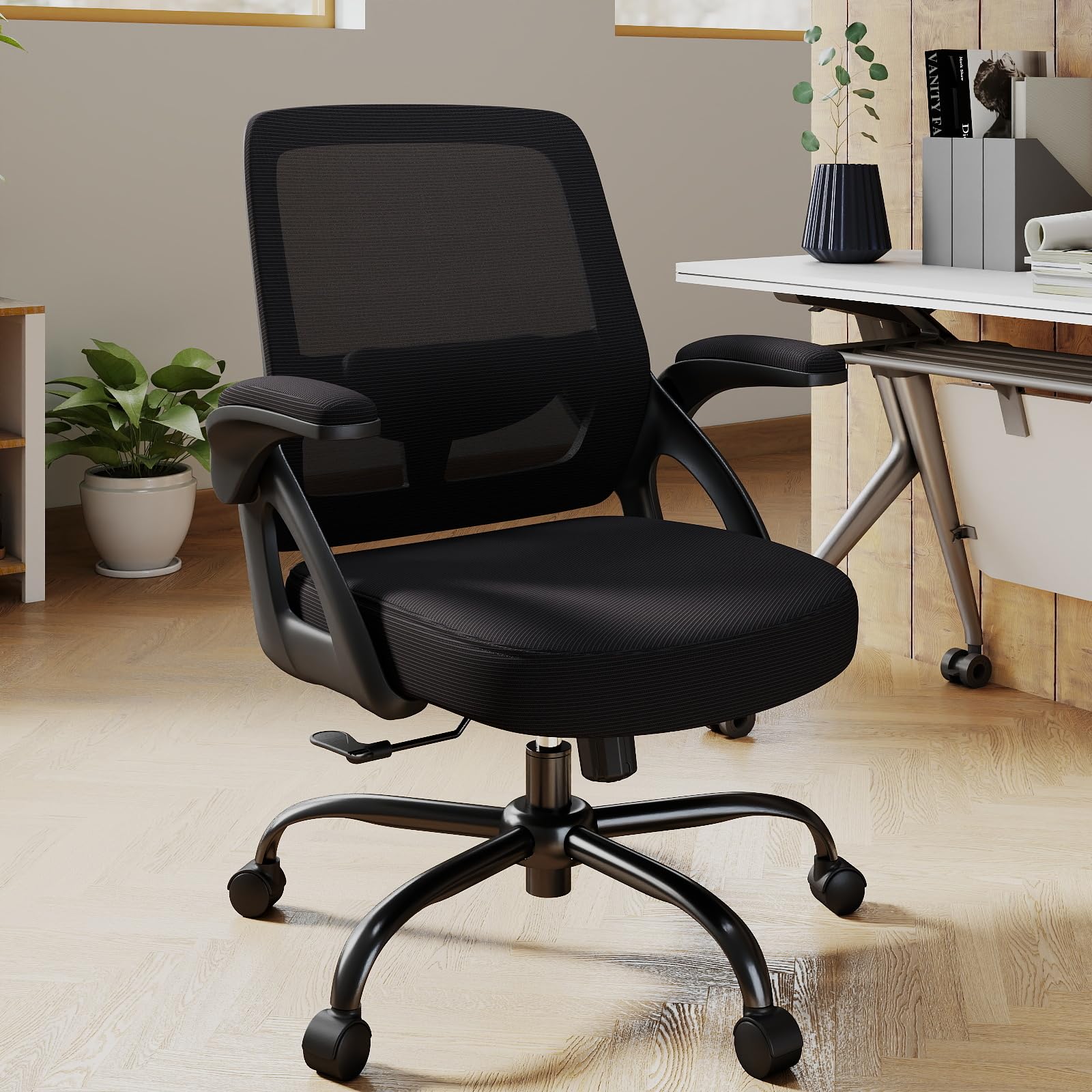 Big and Tall Office Chair, Ergonomic Desk Chair Mesh Mid Back with Comfy Lumbar Support Swivel Task Executive Chairs with Wheels, Flip up Arms for Home, Office, Study