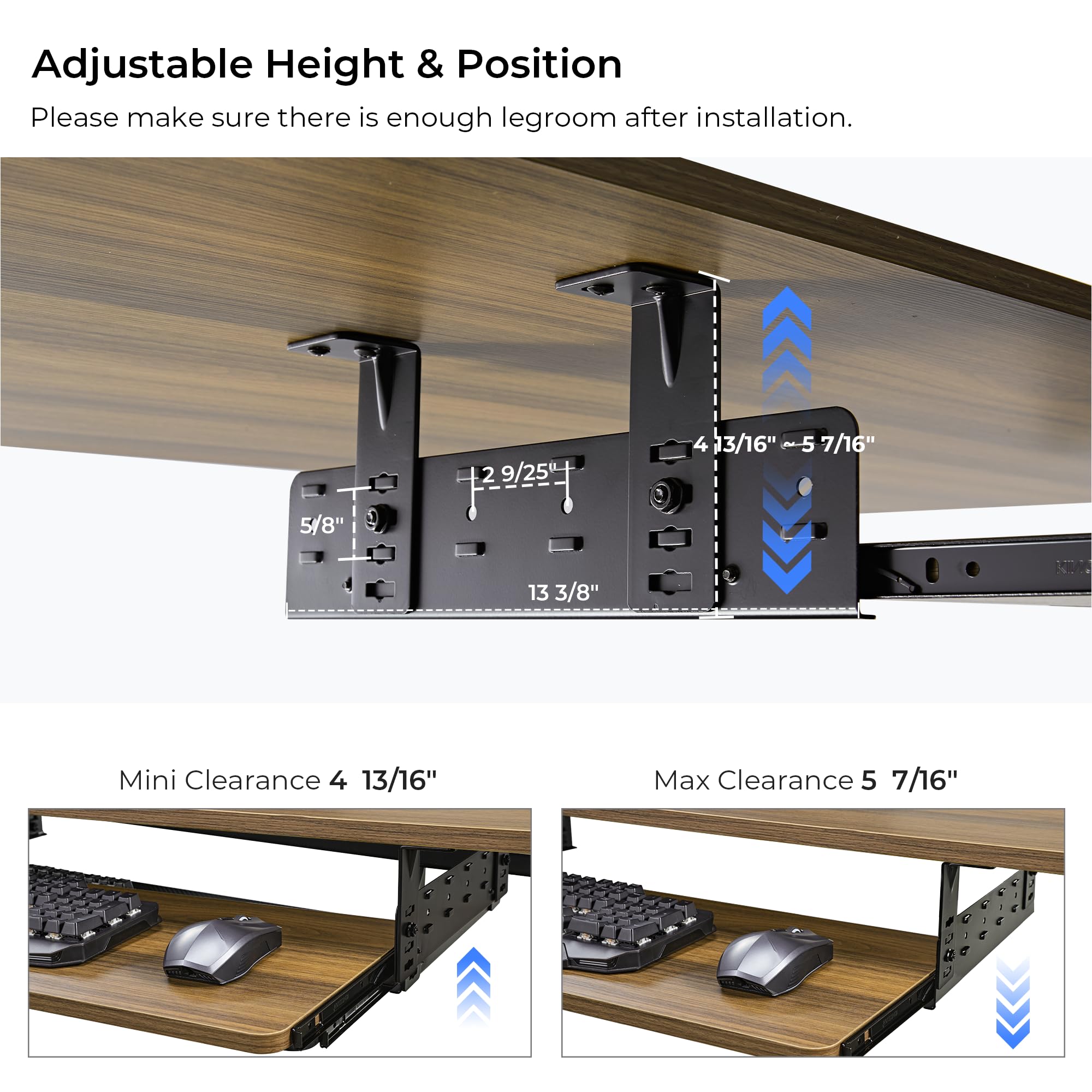 Adjustable Keyboard Tray Under Desk, 28x11 Inch Large Slide Out Keyboard & Mouse Platform Tray, Wooden Pull Out Computer Keyboard Drawer for Typing Home Office Desk, Walnut