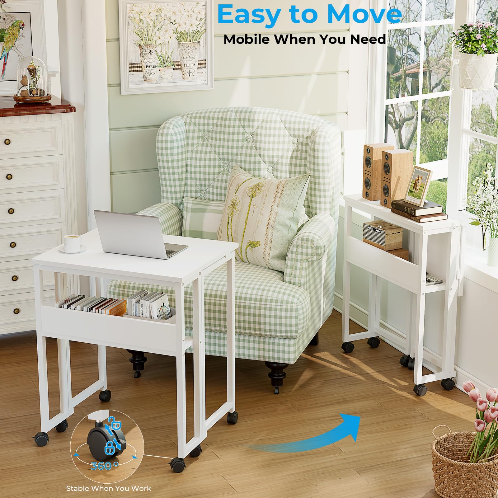 Folding Desk with Wheels, 24.8 Inch Compact Rolling Computer Table with Storage Shelf, Portable Mobile Workstation for Small Spaces, Easy Assembly, Pure White