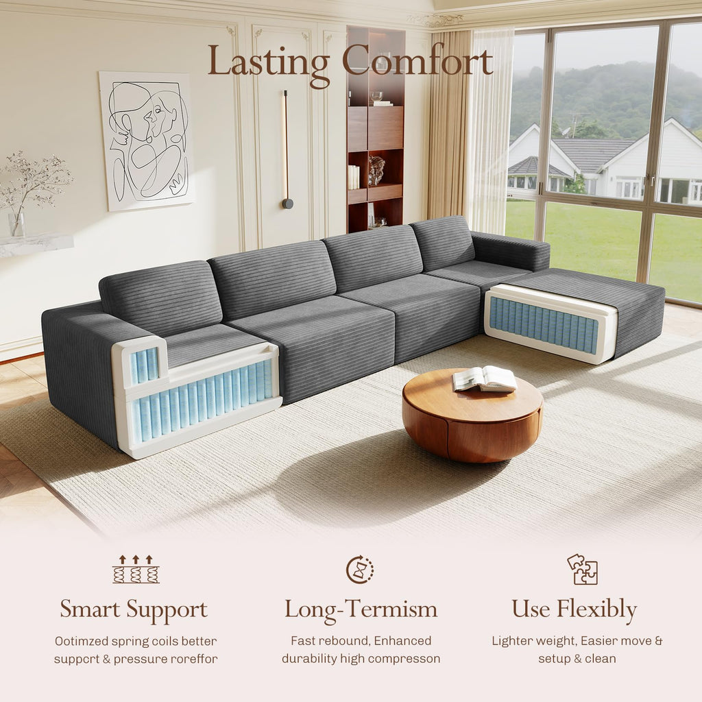 159" Large Modular Sectional Sofa, L-Shaped Corduroy Cloud Couch with Deep Seats & Spring Support, 4-Seater Boneless Sofa with Movable Ottoman, No Assembly Needed, Grey