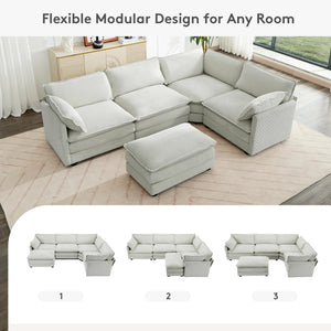 113'' Sectional Cloud Couch, 5 Seater Modular Corner L Shape Sofa Big Comfy Corduroy Oversized Couch with 2 Pillows Movable Ottoman, Deep Seat Sectional Couches for Living Room Office Light Grey
