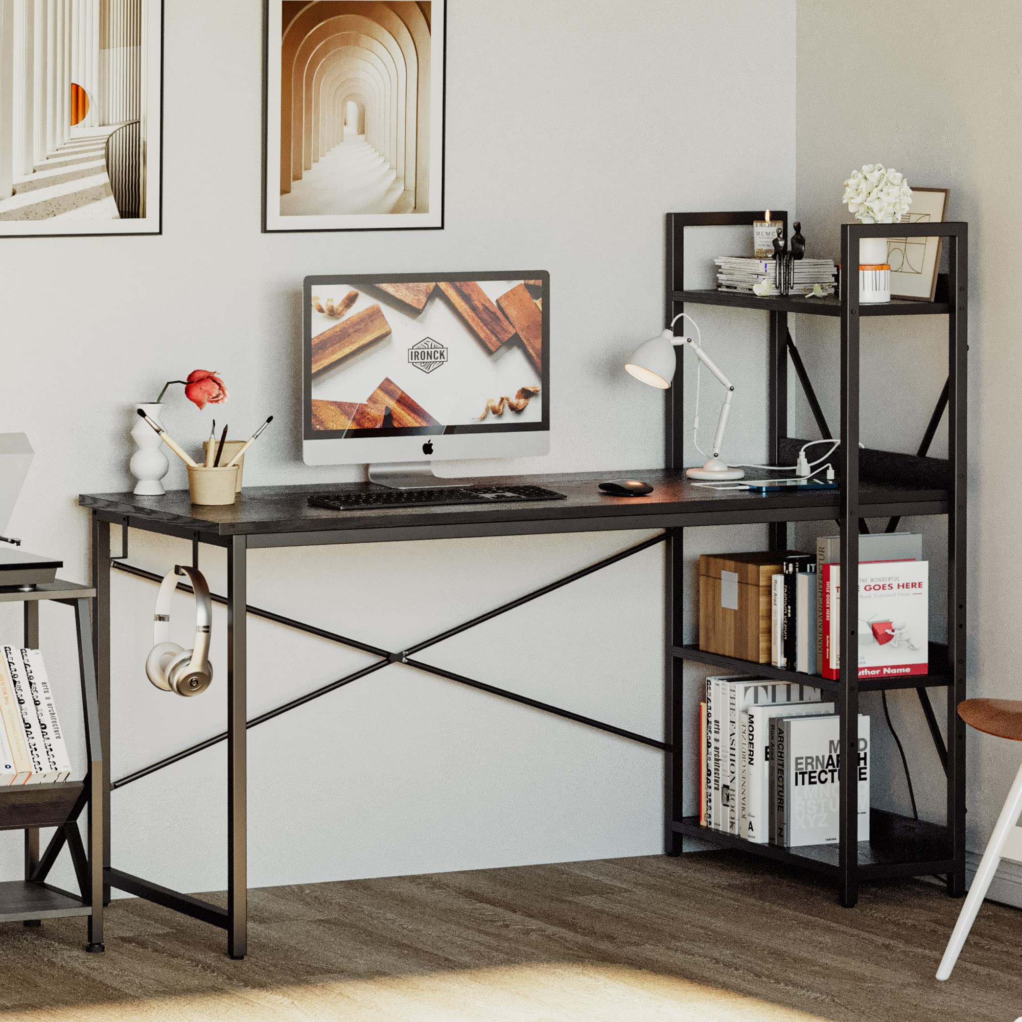 Computer Desk 55" with Power Outlet and Storage Shelves, Study Writing Table with USB Ports Charging Station, PC Desk Workstation for Home Office, Black