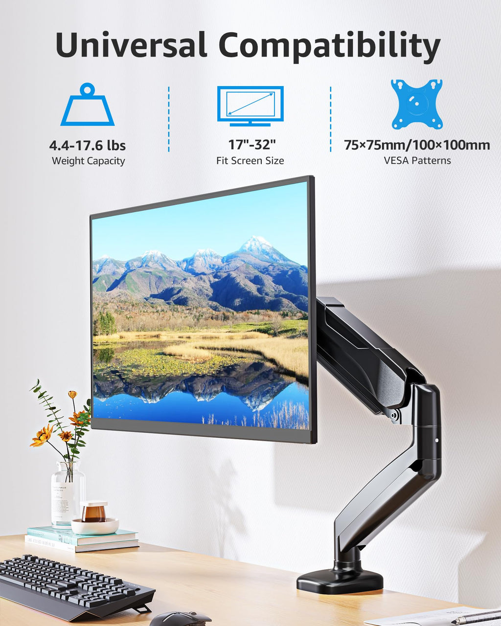 Single Monitor Desk Mount Holds Screen up to 32 inch, Height Adjustable Monitor Arm, Full Motion Computer Monitors Stand with Clamp/Grommet Base, VESA Mounts Fit 4.4-17.6lbs Computer, Black