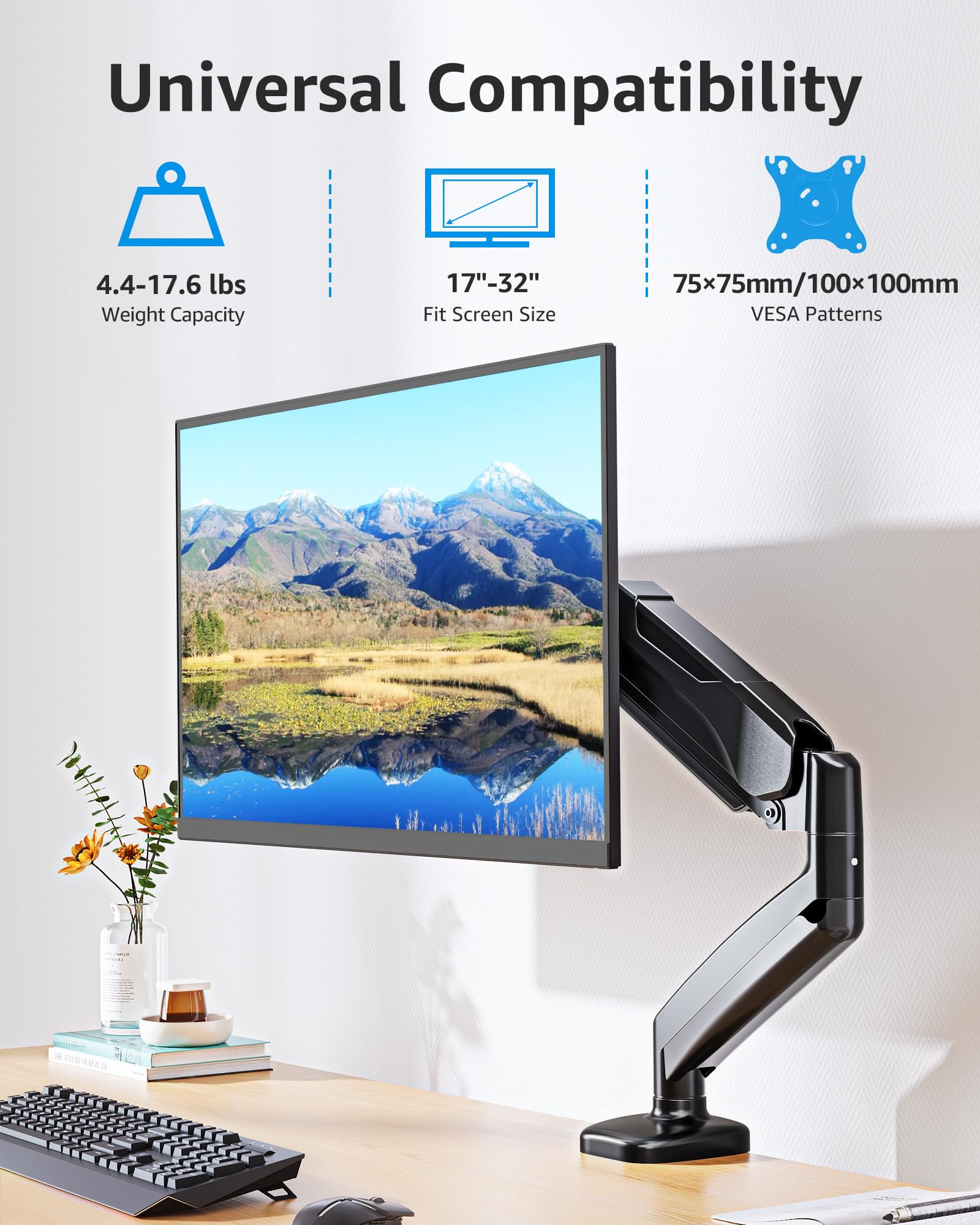 Single Monitor Desk Mount Holds Screen up to 32 inch, Height Adjustable Monitor Arm, Full Motion Computer Monitors Stand with Clamp/Grommet Base, VESA Mounts Fit 4.4-17.6lbs Computer, Black