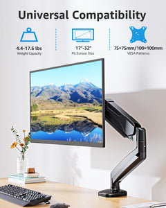 Single Monitor Desk Mount Holds Screen up to 32 inch, Height Adjustable Monitor Arm, Full Motion Computer Monitors Stand with Clamp/Grommet Base, VESA Mounts Fit 4.4-17.6lbs Computer, Black
